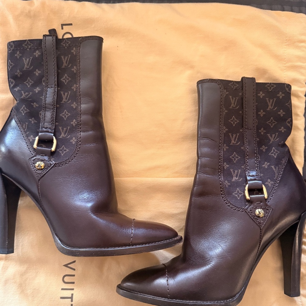 Louis Vuitton Monogram Ankle Boots Brown Leather Heels